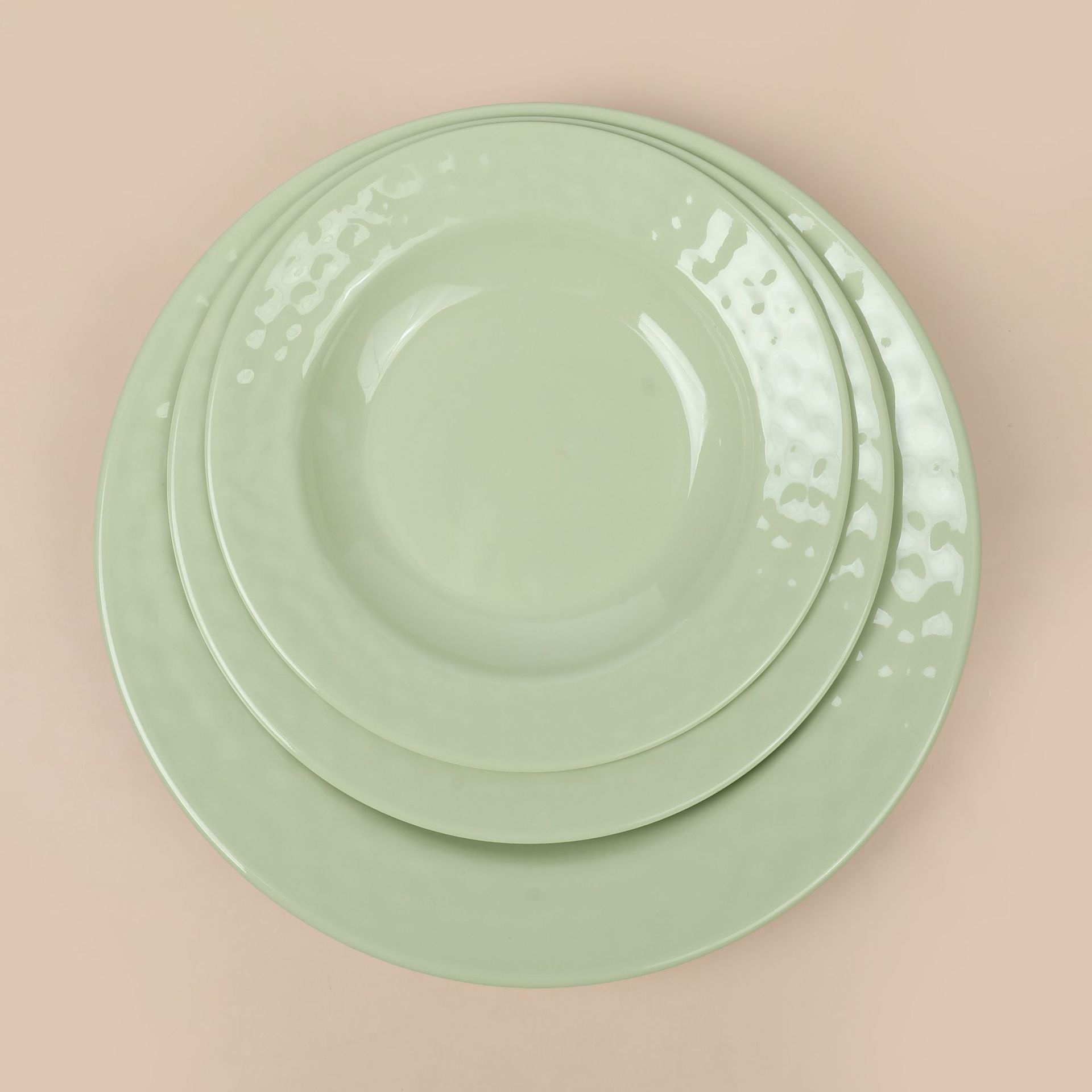 Green round plates for foreign trade, melamine imitation porcelain flat plates, restaurant plates, hotel deep plates, round plates, stir-frying plates, bone plates full figure