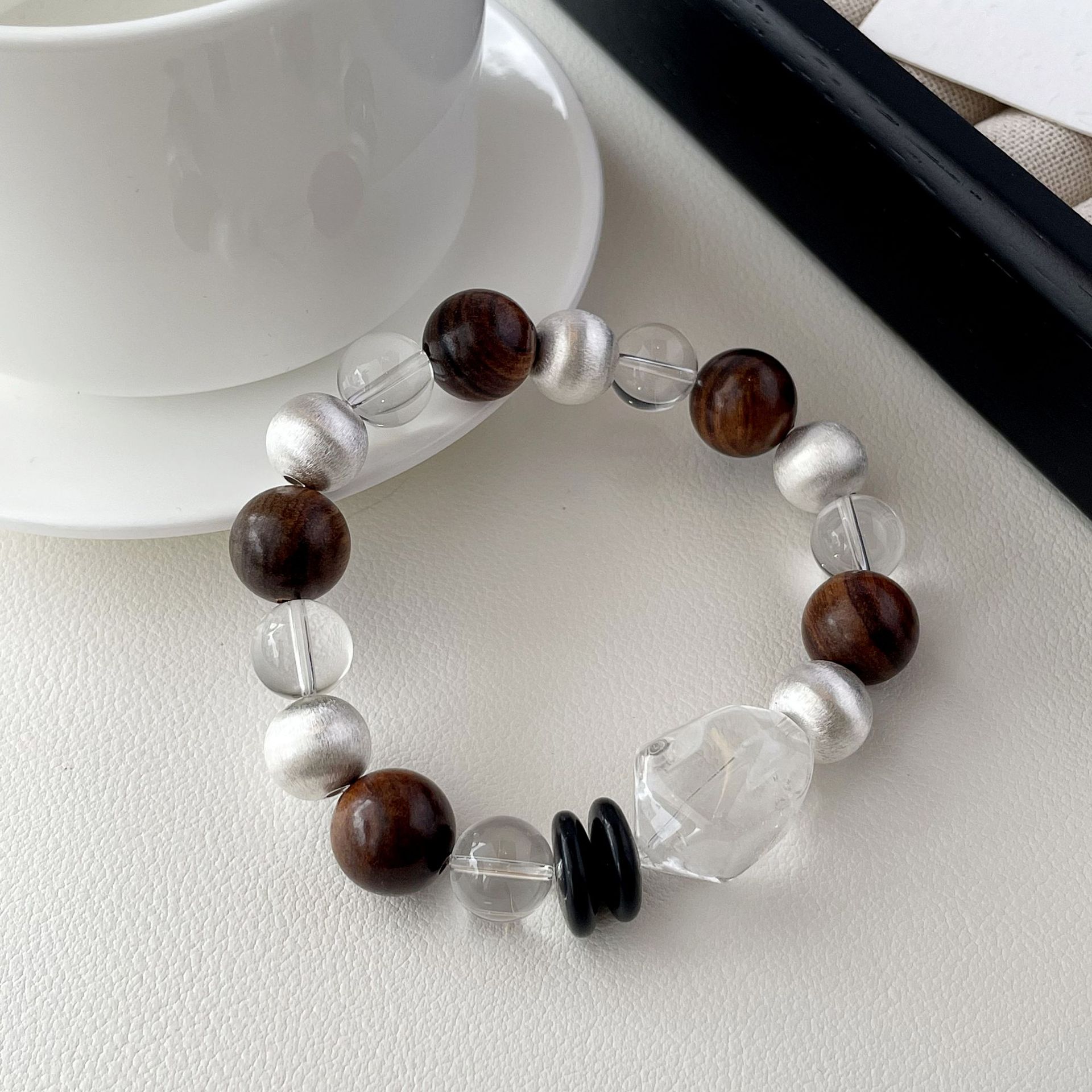 Original 999 pure silver natural irregular-shaped white crystal bracelet, ins niche sandalwood brushed round ball bracelet, women's jewelry details Picture