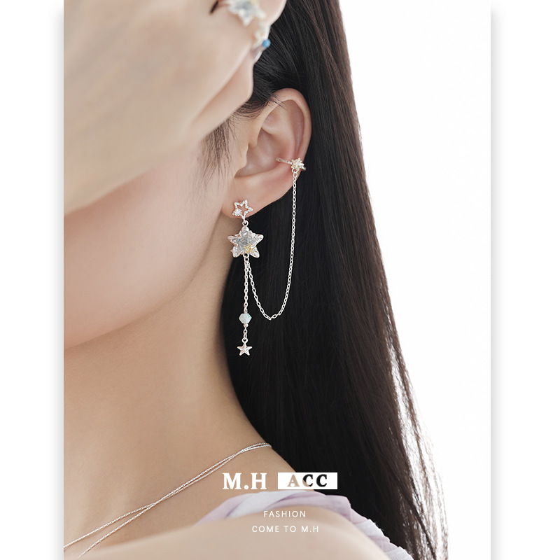 Star Sea Shiguang Star Earrings, women's one-piece tassel ear bone clip, original design, unique personality, asymmetrical earrings details Picture