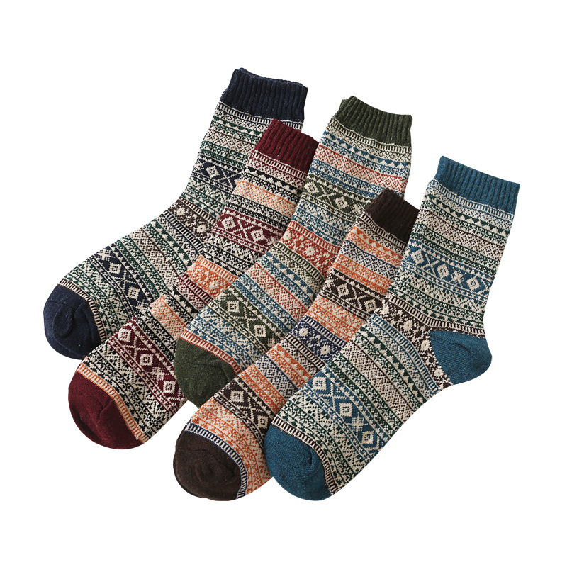 Sock street stall export socks, thick and warm autumn and winter socks for men, Japanese retro ethnic style small diamond-shaped wool socks, cross-border export mid-calf socks Item Picture