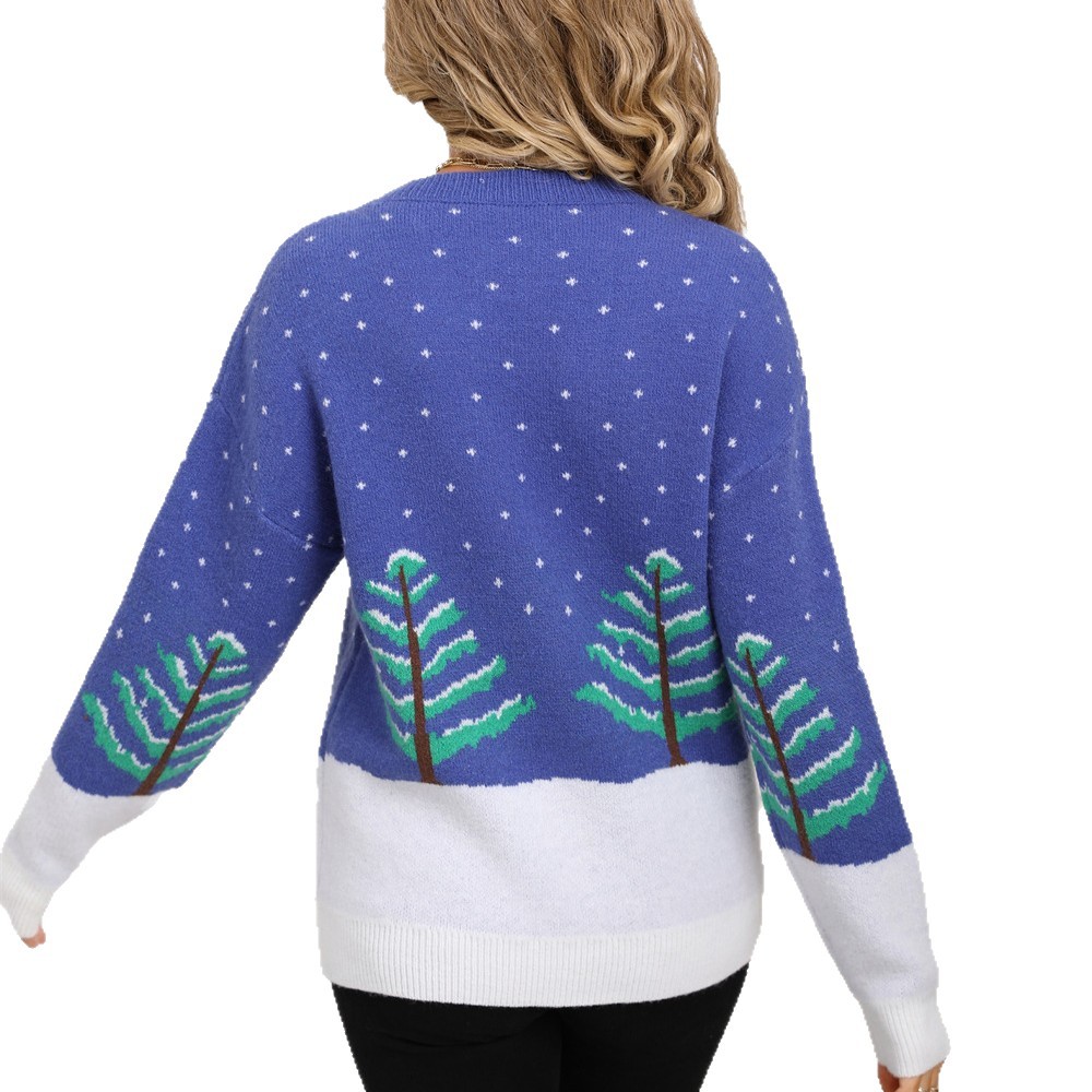 New autumn and winter blue sweater, jacquard long-sleeved round-neck Christmas knitted sweater, New Year Christmas tree pullover, casual sweater Item Picture