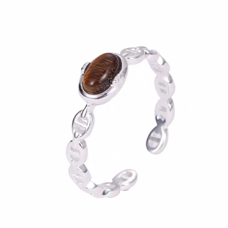Korean version S925 pure silver white chalcedony amber stone pig nose hollowed-out ring, high-end women's InS-style open ring Item Picture