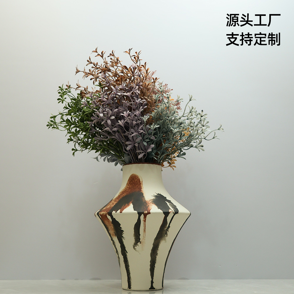 2025设计师软装搭配陶瓷花瓶 现代创意手绘拼色图案装饰摆件民宿插花