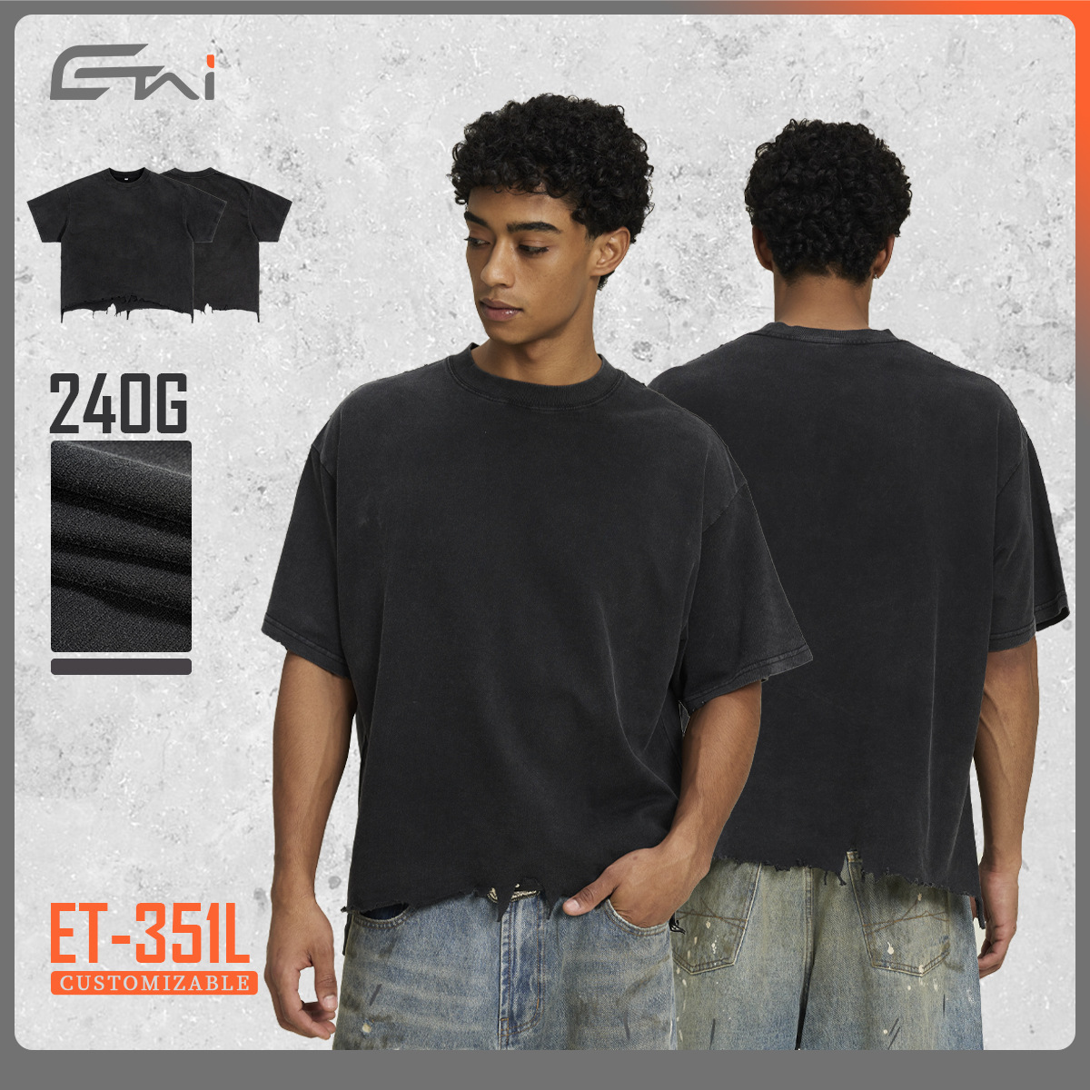 ETAI men's summer pure cotton short-sleeved T-shirt, a retro washed, aged and worn streetwear style American fashion brand T Specification image