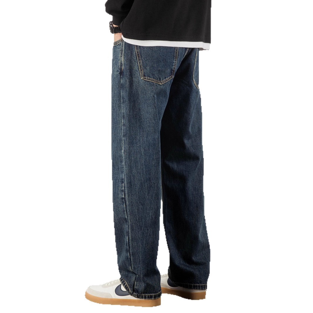 Natural-color washed jeans for men, straight-leg loose American retro, fleece and thickened pants, trendy casual spring and autumn style Item Picture