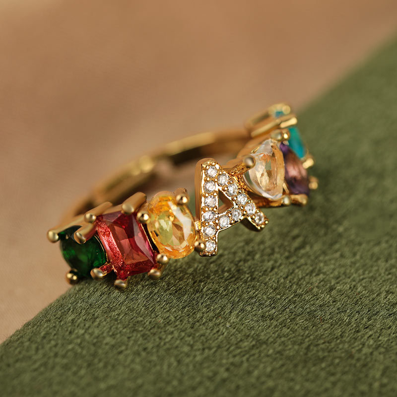 Wholesale of popular hand-set colored zirconium 26-letter open ring for women on Instagram in a cool and casual style Specification image