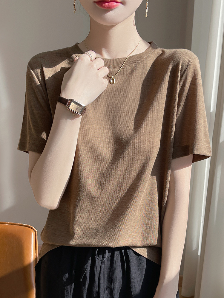 Tencel Lyocell short-sleeved T-shirt for women, round-neck solid color casual and elegant top, half-sleeved base, factory wholesale women's clothing Specification image