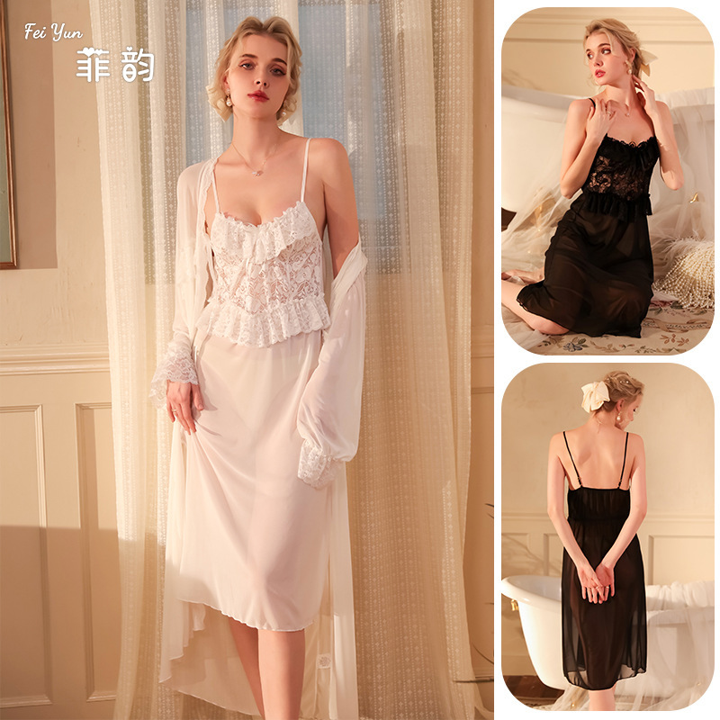 菲韵新款网纱宫廷风长款睡衣透视诱惑睡裙性感蕾丝拼接家居服 533