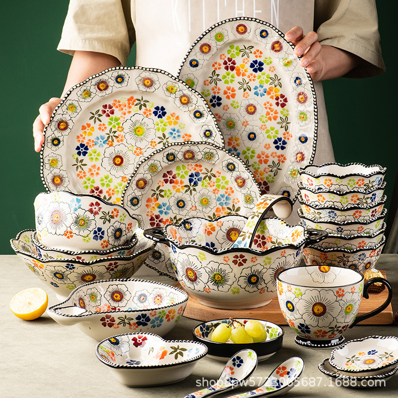 Bangcheng Ceramic Bowl and Plate Set: Household rice bowls, vegetable plates, plates, tableware, retro double-eared bowls, noodle bowls, soup bowls, large bowls details Picture