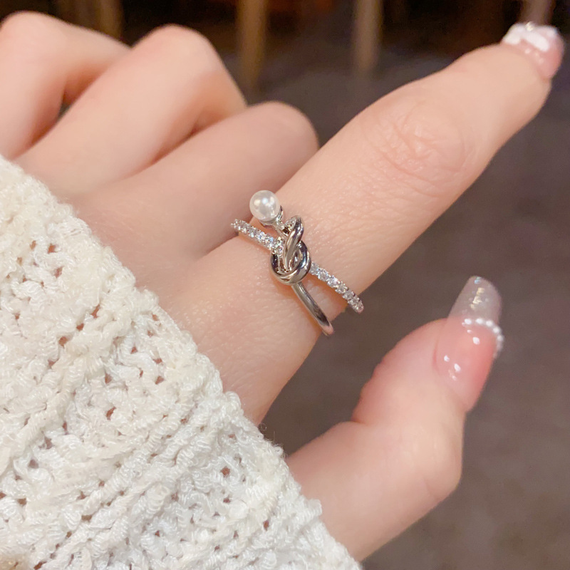 Light luxury and high-end zircon crossed pearl open ring, versatile and unique design for women, wholesale