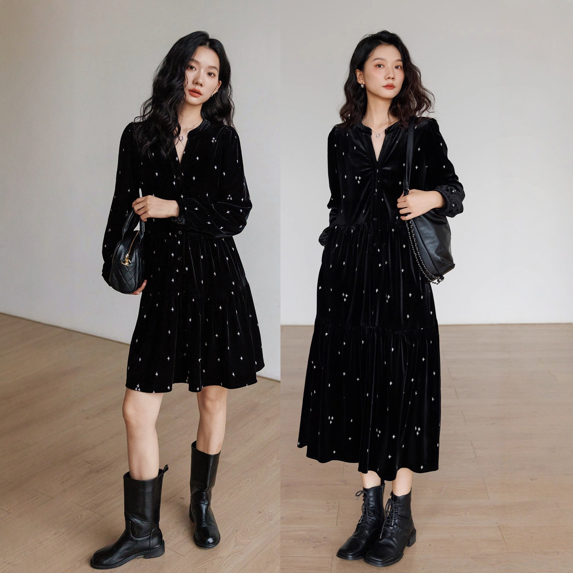 法式星星印花大码宽松显瘦秋冬修身丝绒连衣裙复古V领长袖A字裙