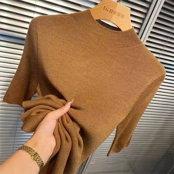 Spring and autumn thin semi-high neck base layer, women's half-sleeved knitted sweater, new five-quarter sleeve slim and stylish mid-sleeved inner layer top Specification image