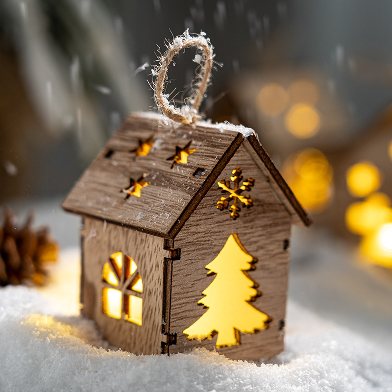 Christmas home decoration, desktop scene arrangement props, wooden house ornaments, hanging items, glowing Christmas tree decoration accessories Specification image