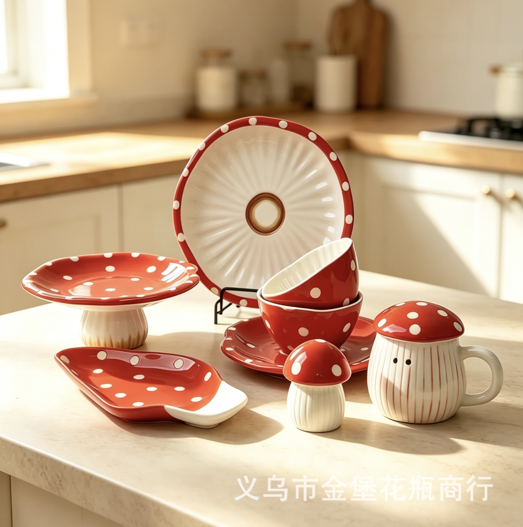 Cute red mushroom polka dot ceramic tableware set, cartoon mushroom mugs, plates and bowls, popular children's tableware