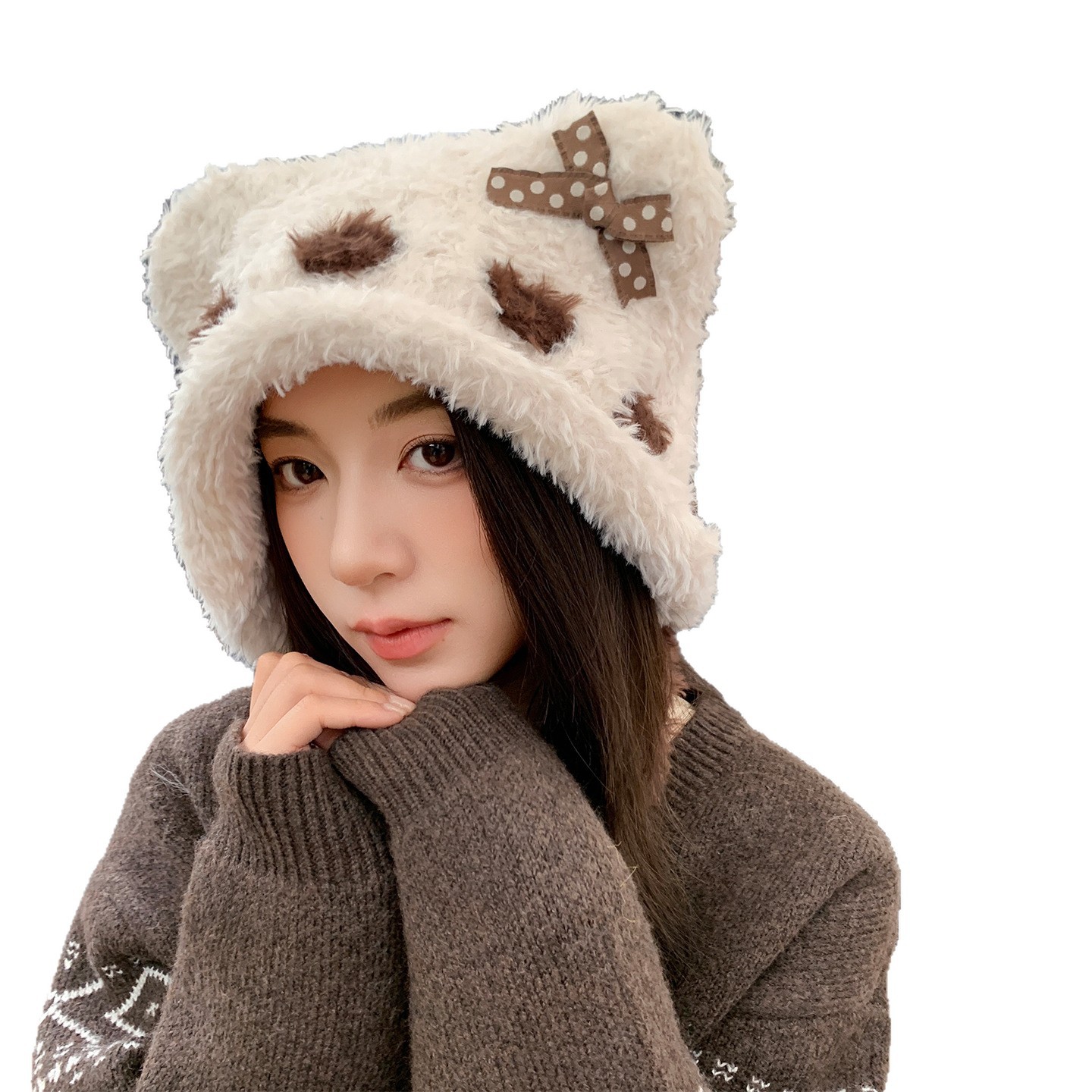 The 2025 new style of bear ear bow plush hat for women's season shows off the face. It's a small ear-protecting Lei Feng hat that keeps the ears warm Item Picture