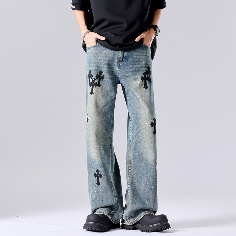2025高品质夏季高街十字架潮牌牛仔裤宽松直筒裤泼墨拖地阔腿长裤