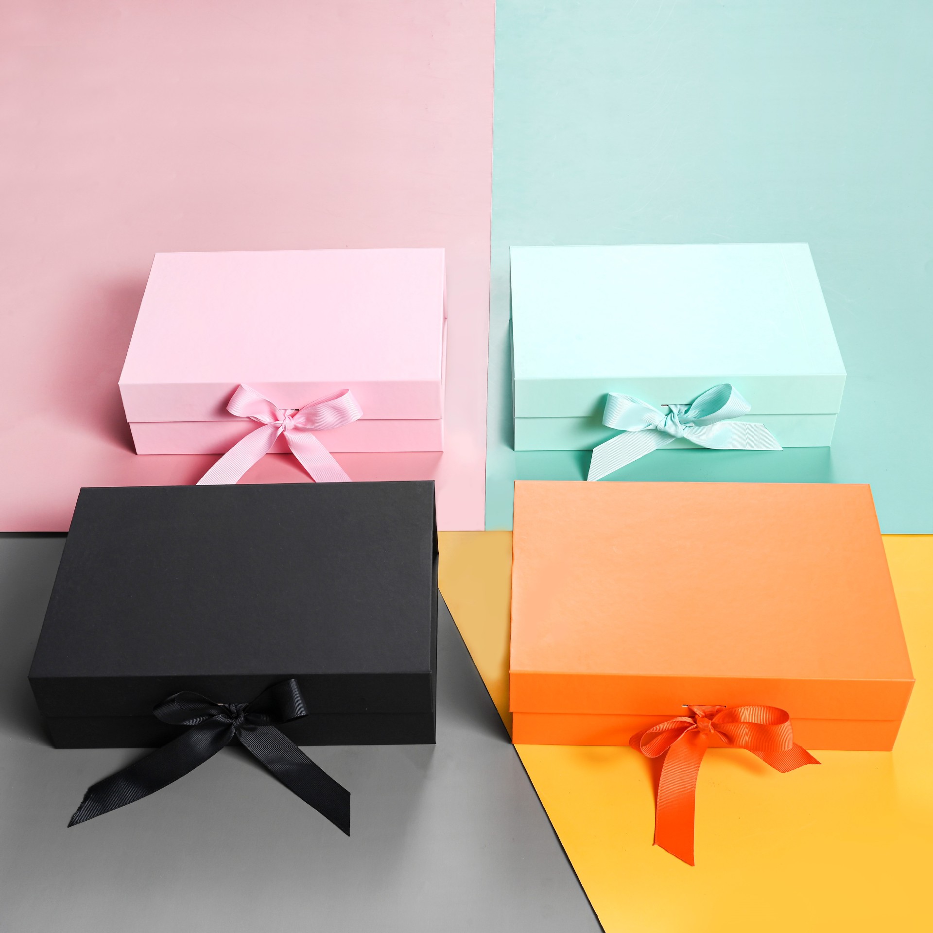 Wholesale of in-stock flip-top folding boxes, solid-color bow packaging boxes, cross-border foreign trade folding gift boxes, one-piece gift boxes