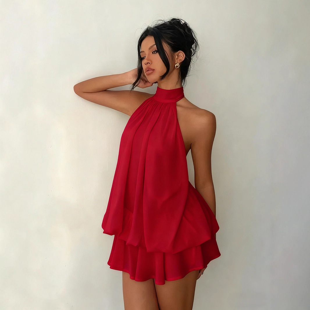 European and American cross-border women's clothing vacation, slimming, sexy, backless, halter, tie, cinched-waist top, puffy short skirt dress details Picture