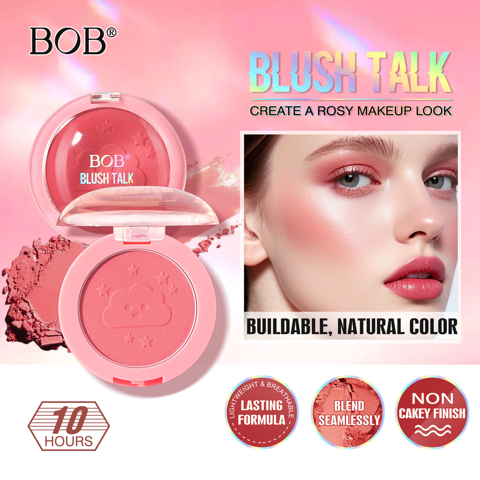跨境bob膨膨柔雾腮红颊悦色氛围哑光雾面显嫩持妆少女粉色胭脂粉