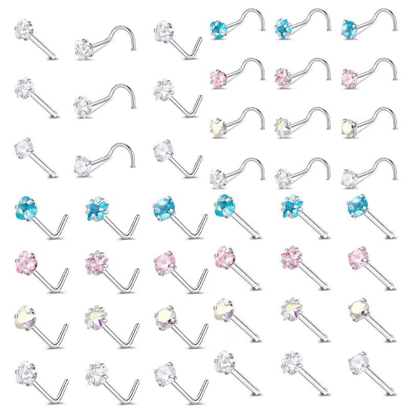 亚马逊钛钢高品质爱心星星鼻钉套装s杆鼻环L杆弯杆镶钻鼻饰套装现