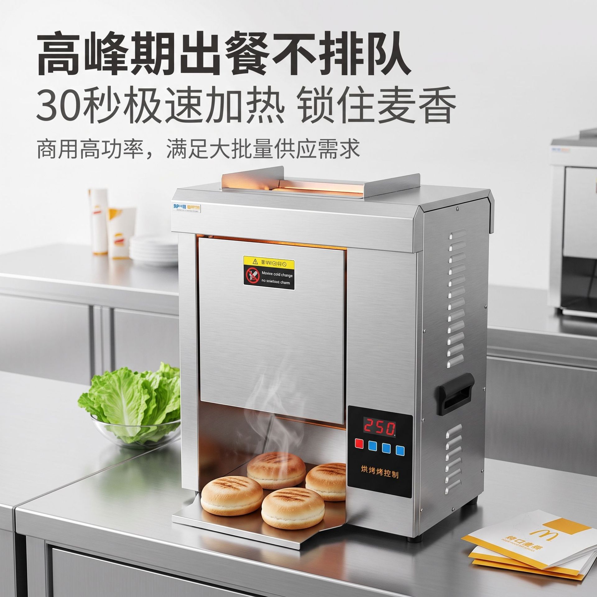 The commercial fully automatic hamburger machine features intelligent temperature control, a stainless steel body that preheats quickly, heats evenly, is easy to clean and serves food Specification image