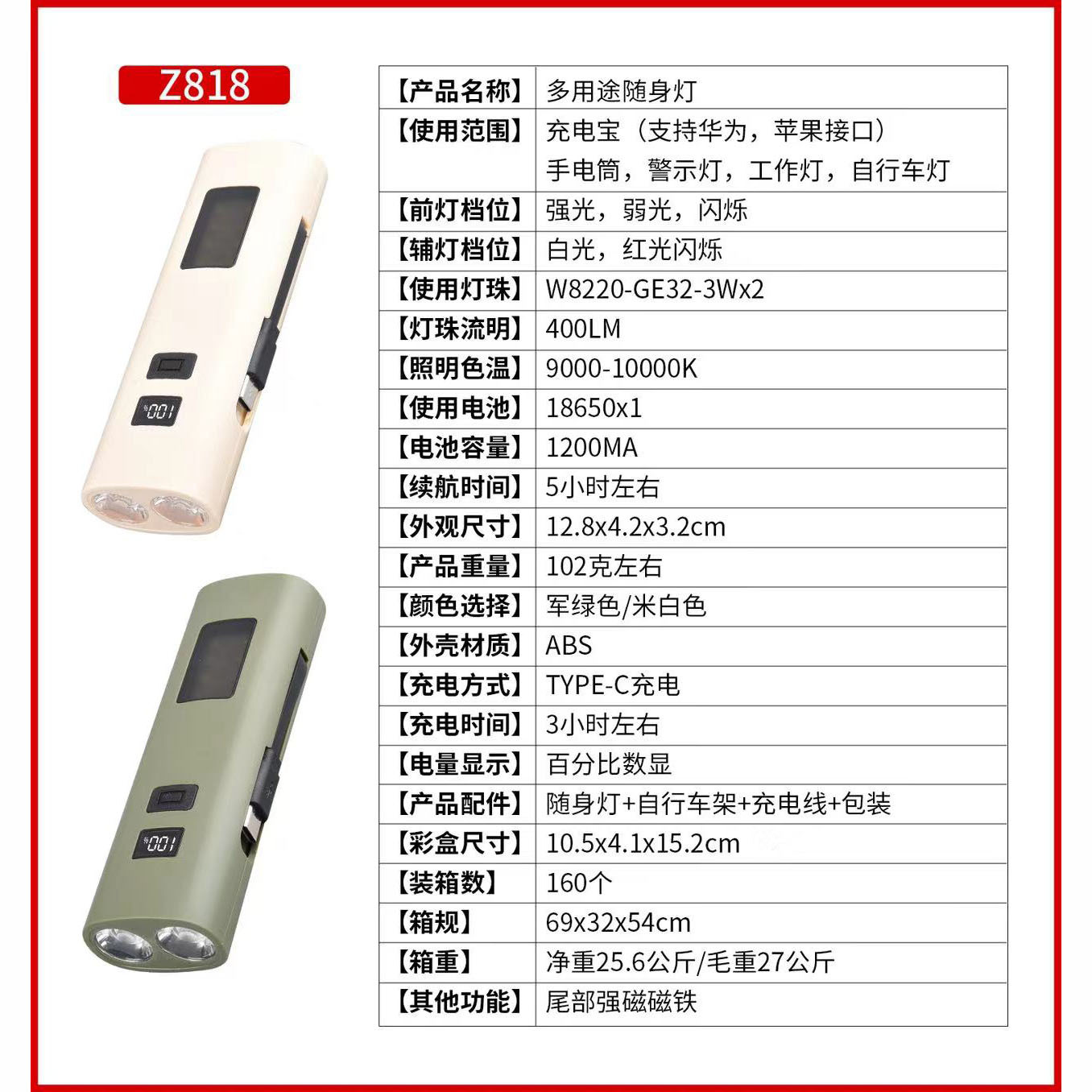 The new multi-functional flashlight power bank comes with side lights, warning lights, digital battery level display, work lights and bicycle lights details Picture