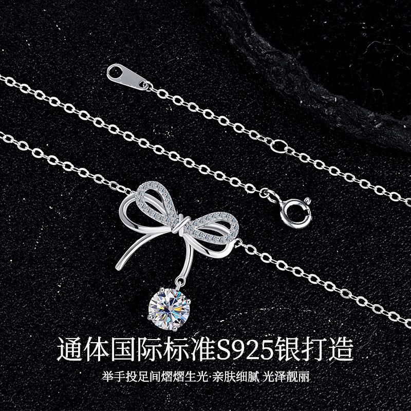 Zhuoheng Selects A Niche Design Of Pure Silver Bow Mosan Pendant Necklace, Which Is Versatile For Women's Ins Style, Fresh And High-End Collarbone Chain details Picture