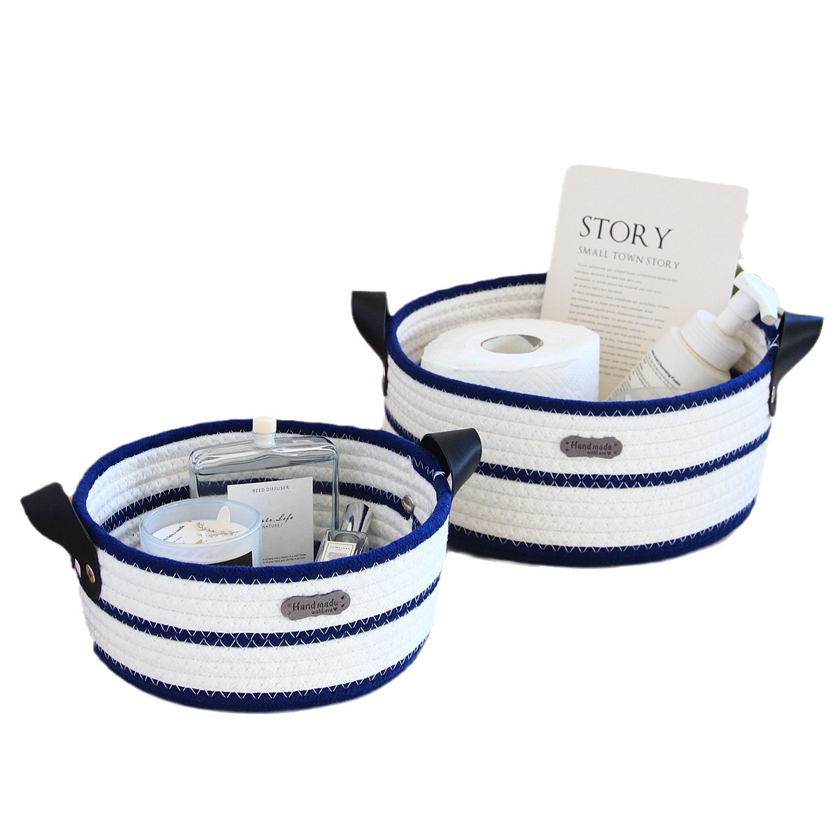 Round cotton rope woven storage basket with leather handle, InS-style desktop storage basket, cosmetics and toys storage box, Nordic style Item Picture