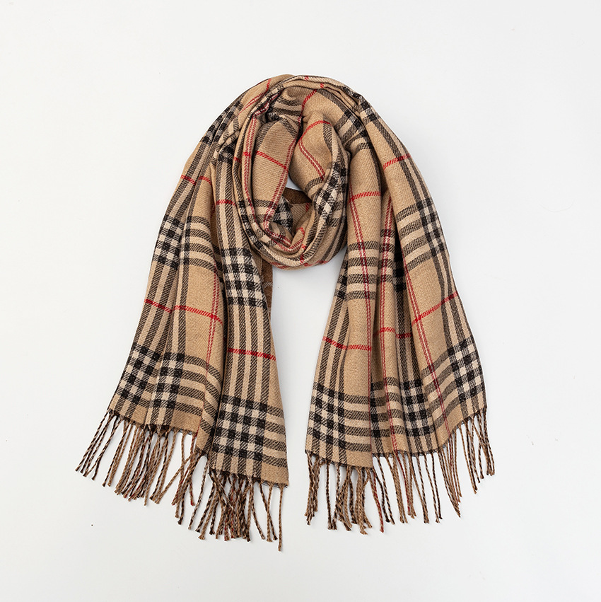 A new Korean version of the versatile CC jacquard style autumn and winter checkered double-sided warm faux cashmere tassel scarf for women details Picture