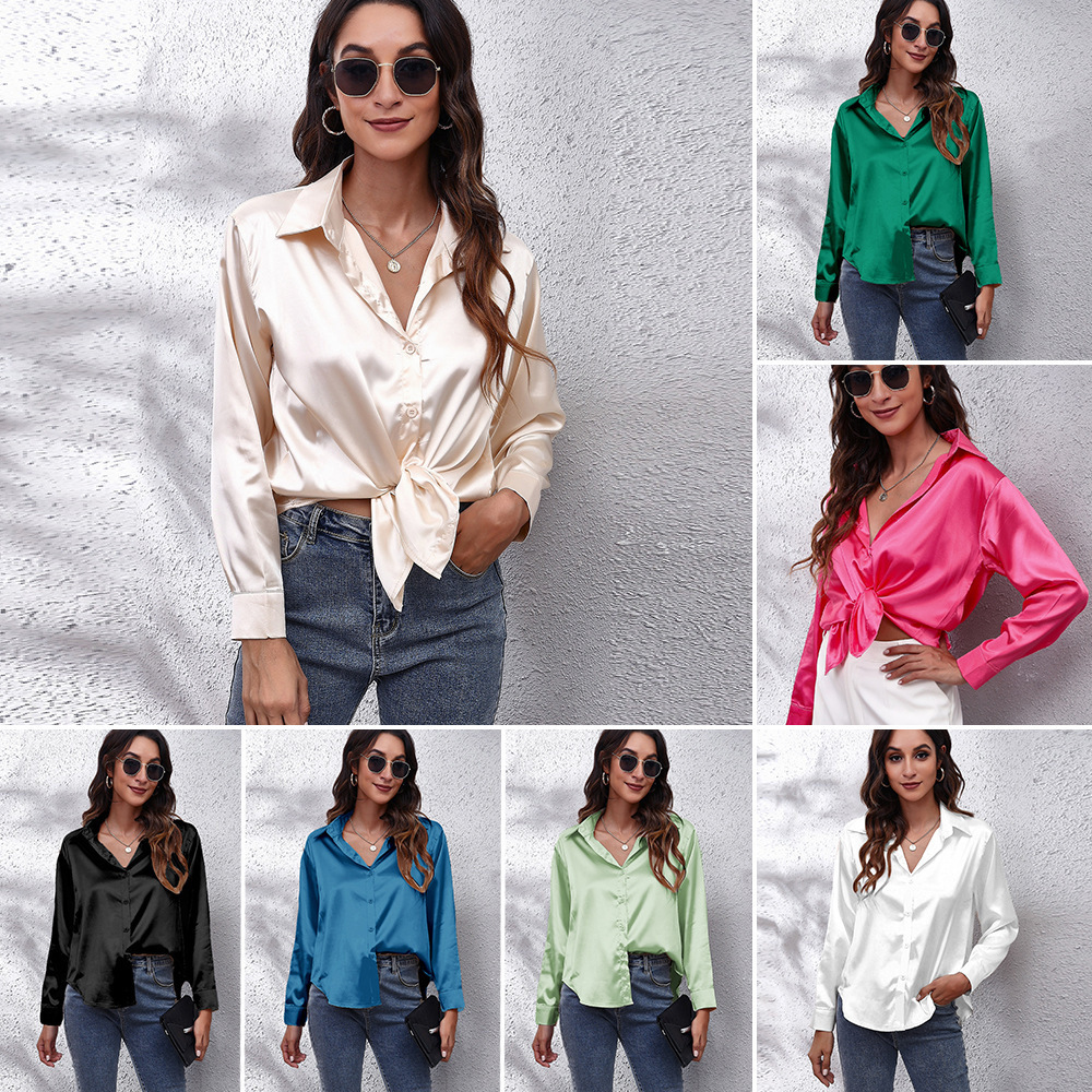 A new style of women's clothing for cross-border trade in Europe and America, featuring a hot-selling color satin shirt and a satin silk-like long-sleeved shirt full figure