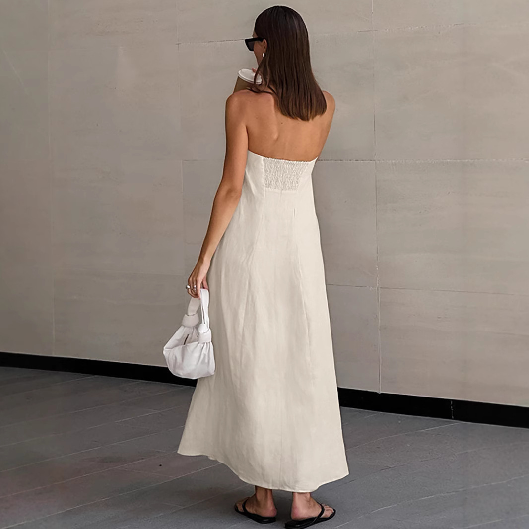 A simple and stylish European and American design dress, a new cross-border slimming and elegant strapless solid color long dress for women in 2025 Specification drawing