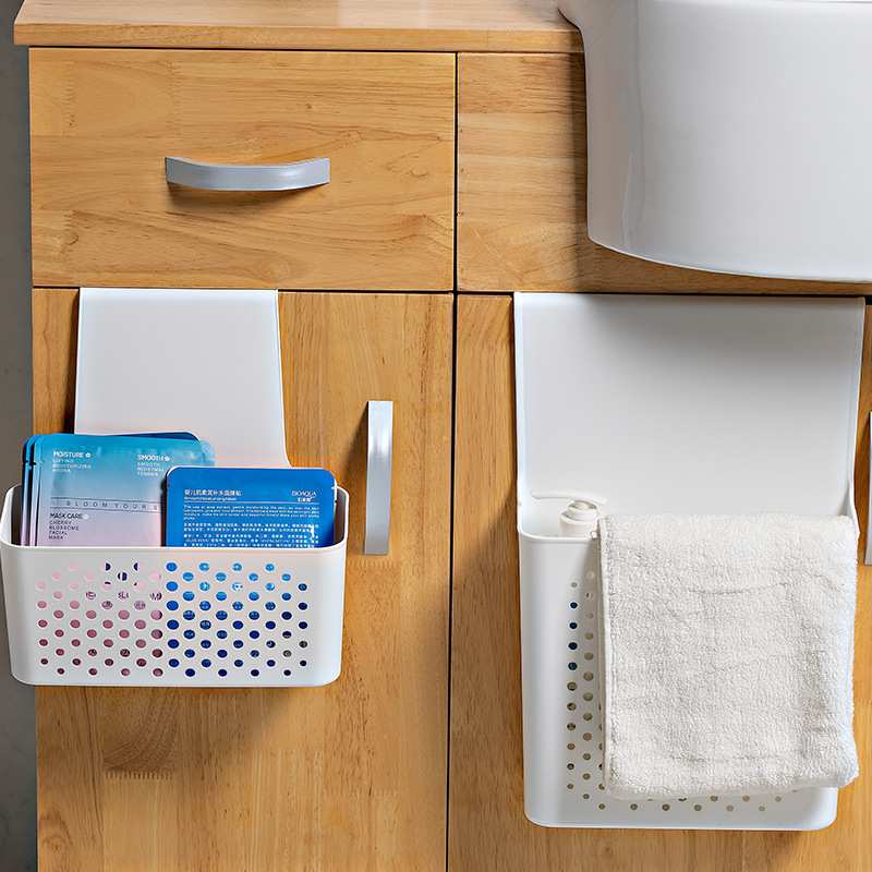 Kitchen plastic cabinet door wall-mounted storage rack, household wall-mounted trash can without drilling, bathroom storage basket storage rack Application Scenario
