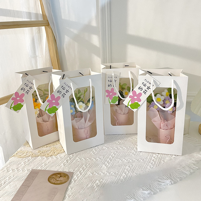 七夕教师节礼物女神节可爱毛线花抱抱桶花束精美手提式手捧花礼袋