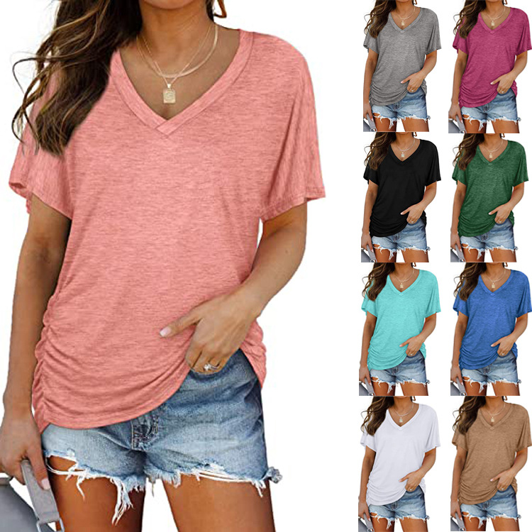 Cross-border European and American women's clothing 2025 Amazon Foreign Trade new solid-color bat-shaped sleeve side-pleated V-neck short-sleeved women's T-shirt full figure