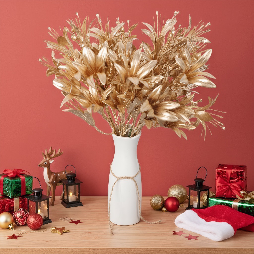 仿真金色花材单支跨境新款金色插枝插花多叉百合家居装饰厂家直销