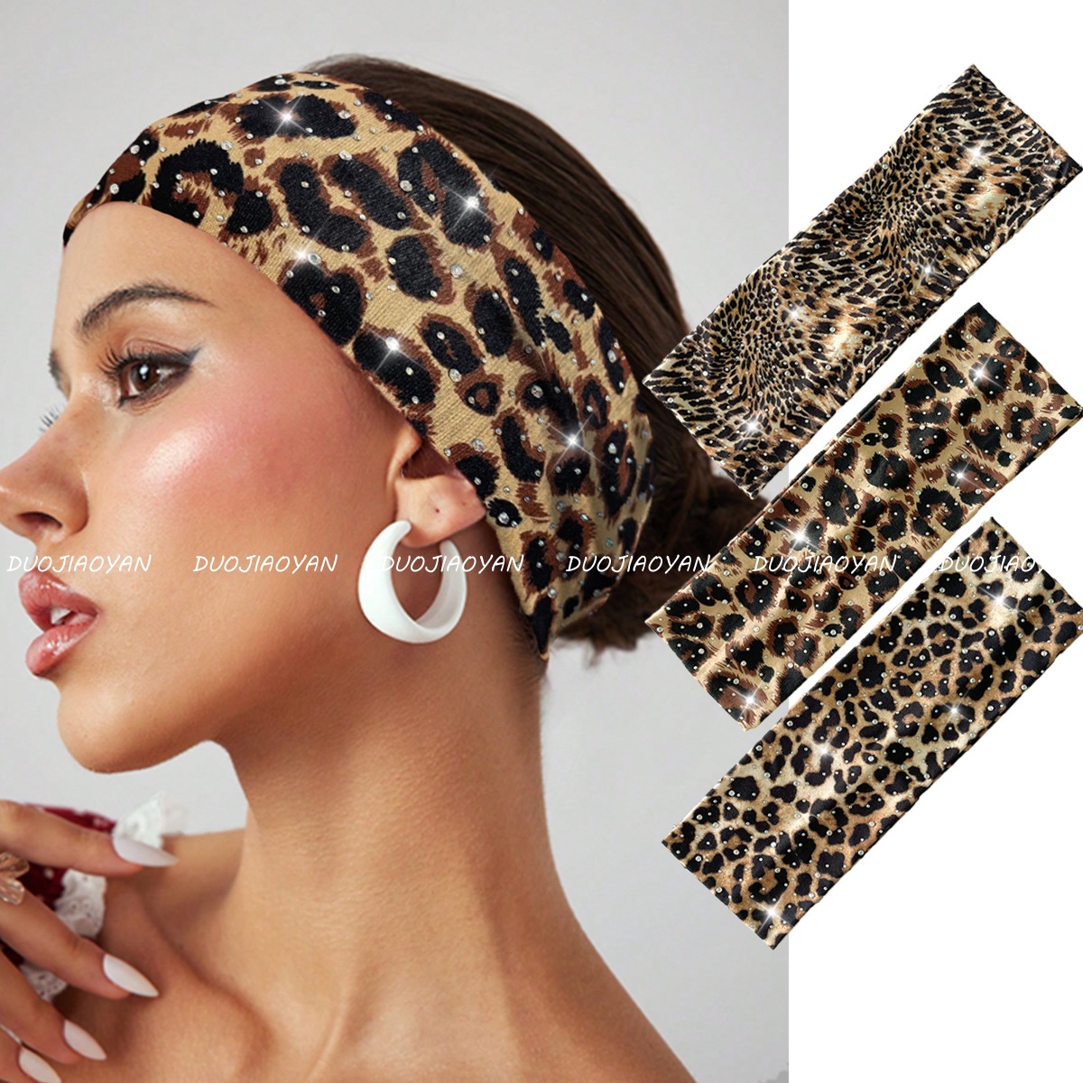 A new cross-border leopard-print hot diamond hair band from Europe and America, a retro and fashionable spice girl headwear with wide edges, elastic and breathable sports headband details Picture
