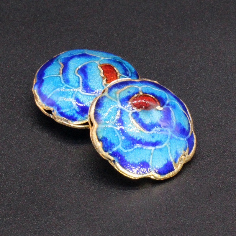 Traditional high-temperature enamel mechanism silver-blue ancient-style jewelry accessory, back cloud partition bead cloisonne 19mm mille-feuille flower details Picture