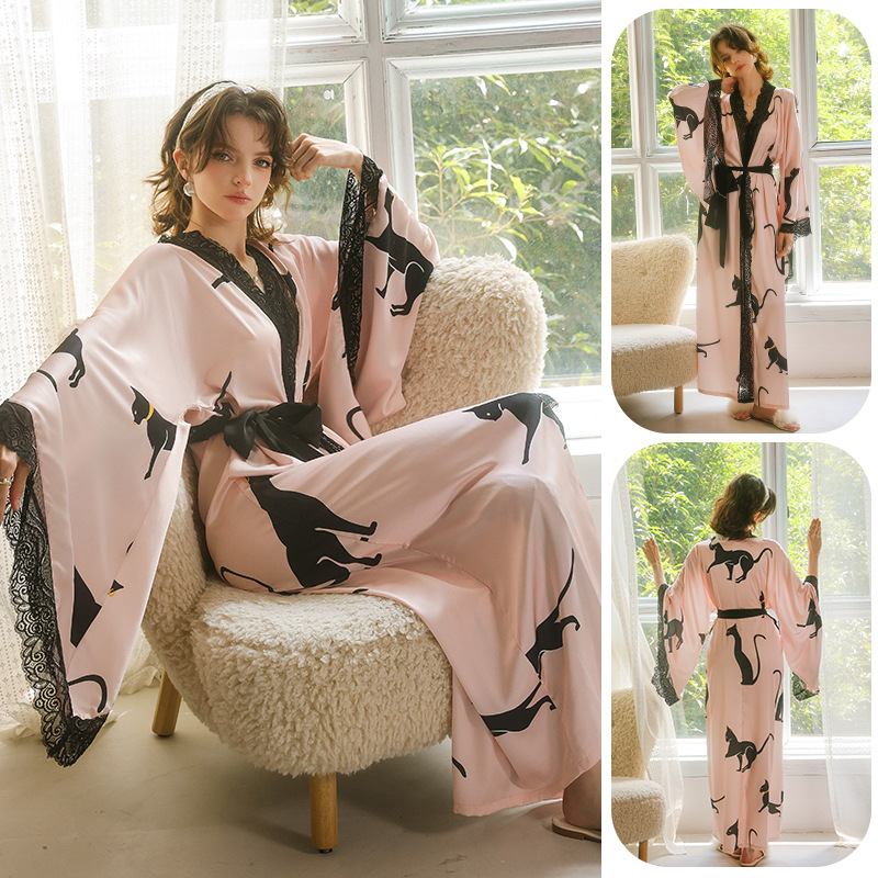 Feiyun retro leopard print lace patchwork sexy long bathrobe Pink silk lace-up Home gown 943