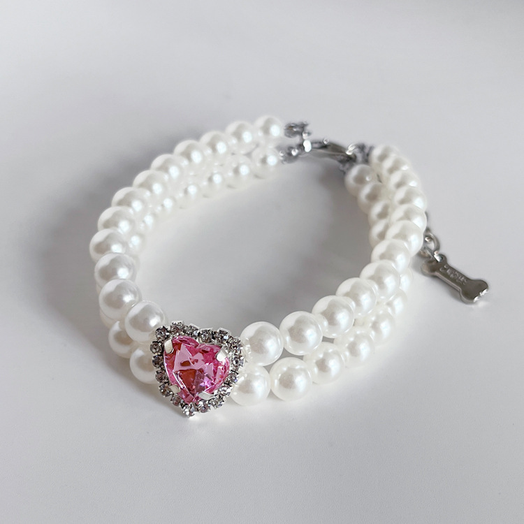 Pet supplies: neck collar, collar, double-layer pearl heart-shaped cat necklace, accessory, small and medium-sized dog neck collar