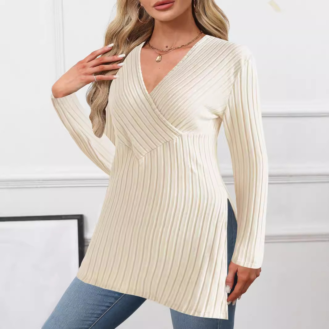 2024 Cross-border women's clothing Amazon Autumn/Winter New long-sleeved solid color V-neck casual home striped top details Picture