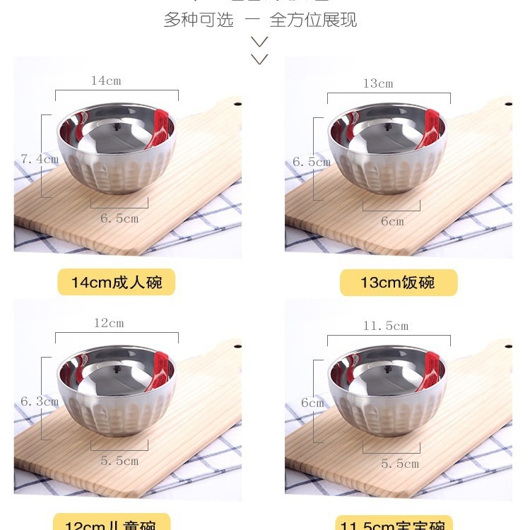 Wholesale 304 stainless steel bowls, double-layer insulated, school cafeteria, household rice bowls, soup bowls, thickened platinum bowls, bright bowls details Picture