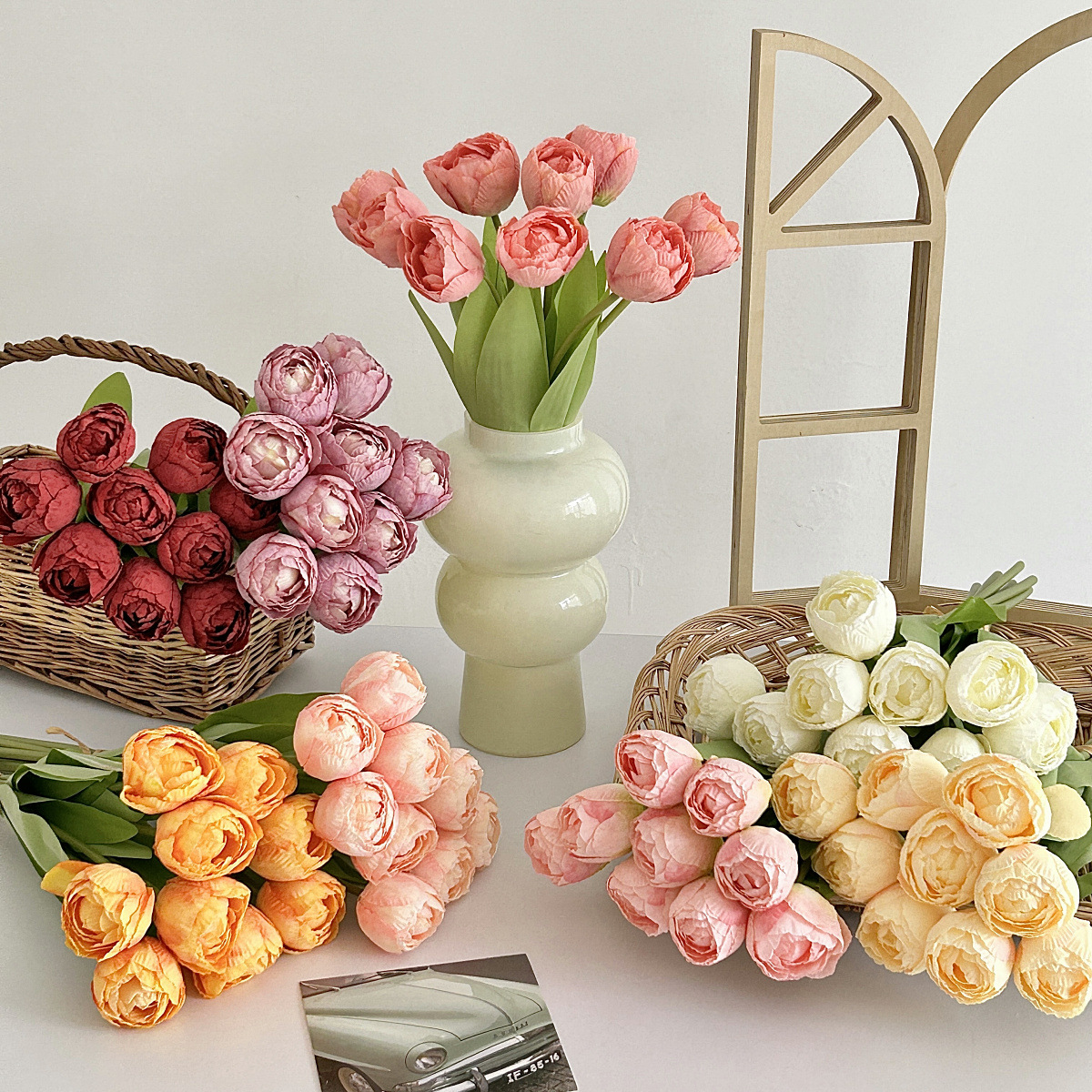 9头焦边郁金香仿真花郁金香手捧花束家居婚庆装饰花客厅餐厅摆件
