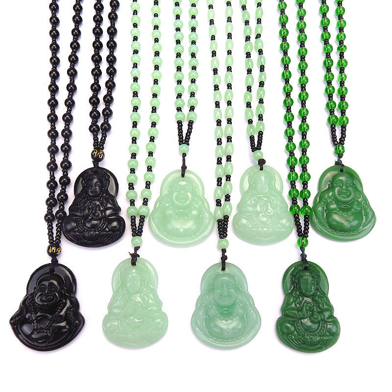 Imitation jade Guanyin Buddha pendant, long Maitreya Buddha sweater chain pendant, women's live-streaming sales fair, street stall gift glass necklace details Picture