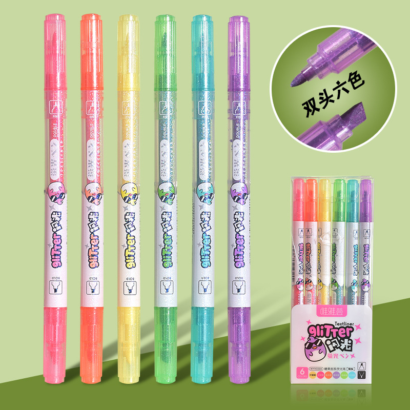 Factory direct supply of Weiya Hui Flash Highlighter 030A double-headed extended Highlighter wholesale with bright colors full figure