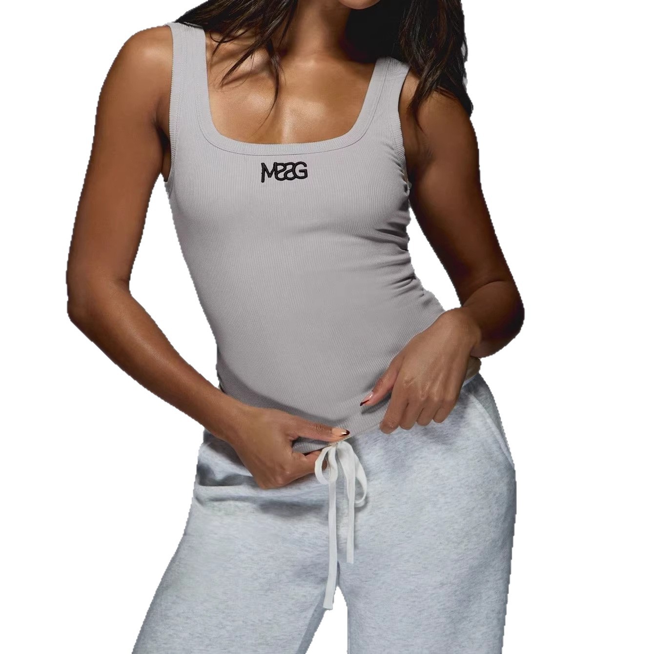 This is a new cross-border I-shaped vest with embroidered stripes and letters. It is a slimming and form-fitting vest with high elasticity and versatility. It is a basic top Item Picture