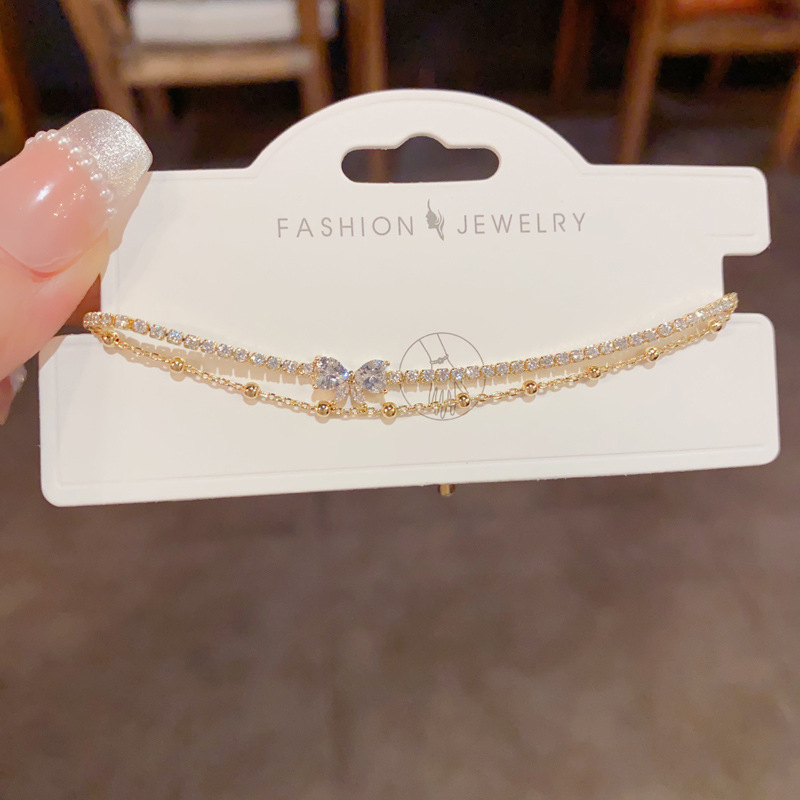The new summer fashion, light luxury and high-end double-layer full diamond bow bead bracelet is exquisite, versatile and super dazzling Specification image