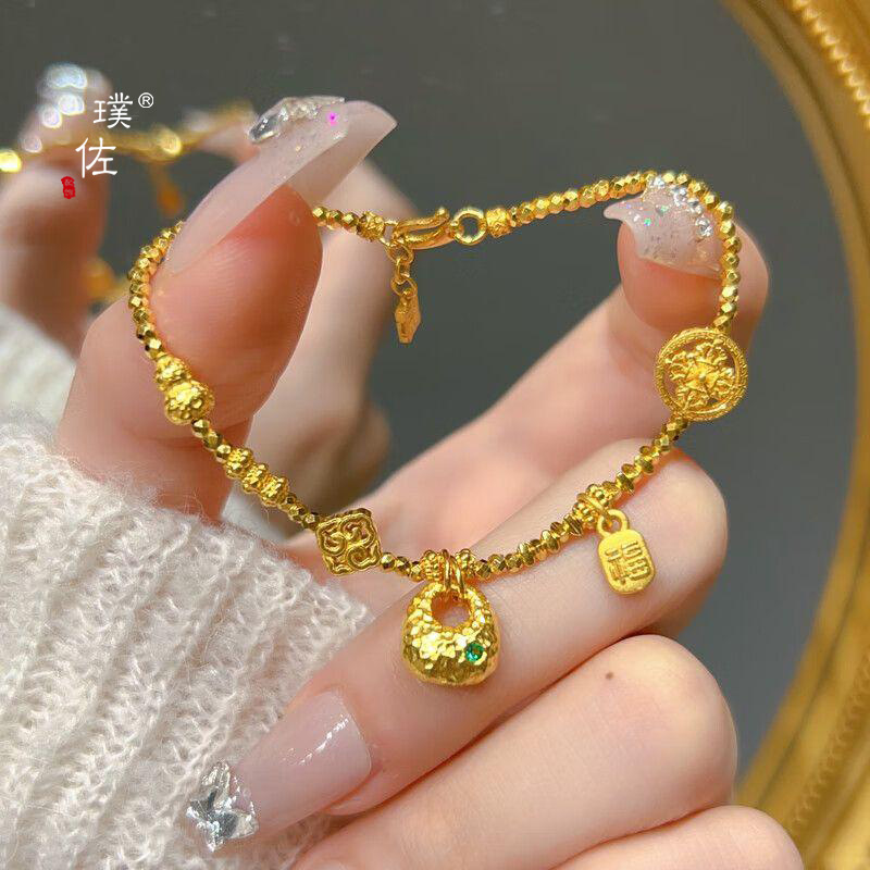 金店同款沙金锤纹金坨手链女新款古法碎金子高级手串送女友礼物白底实物图