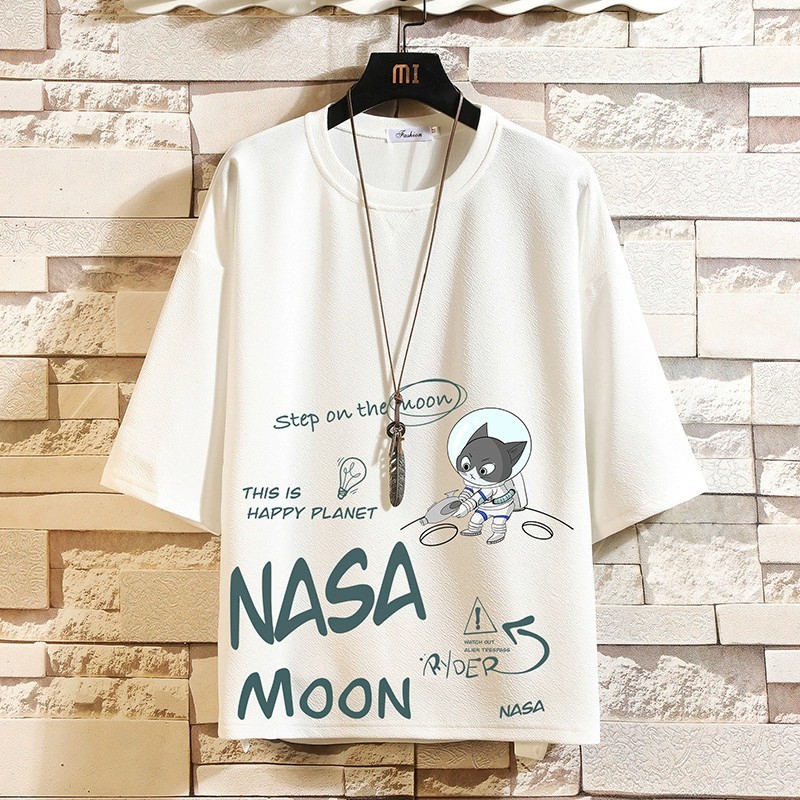NASA联名冰丝短袖男2023新款夏季宽松大码百搭七分袖t恤重磅体恤