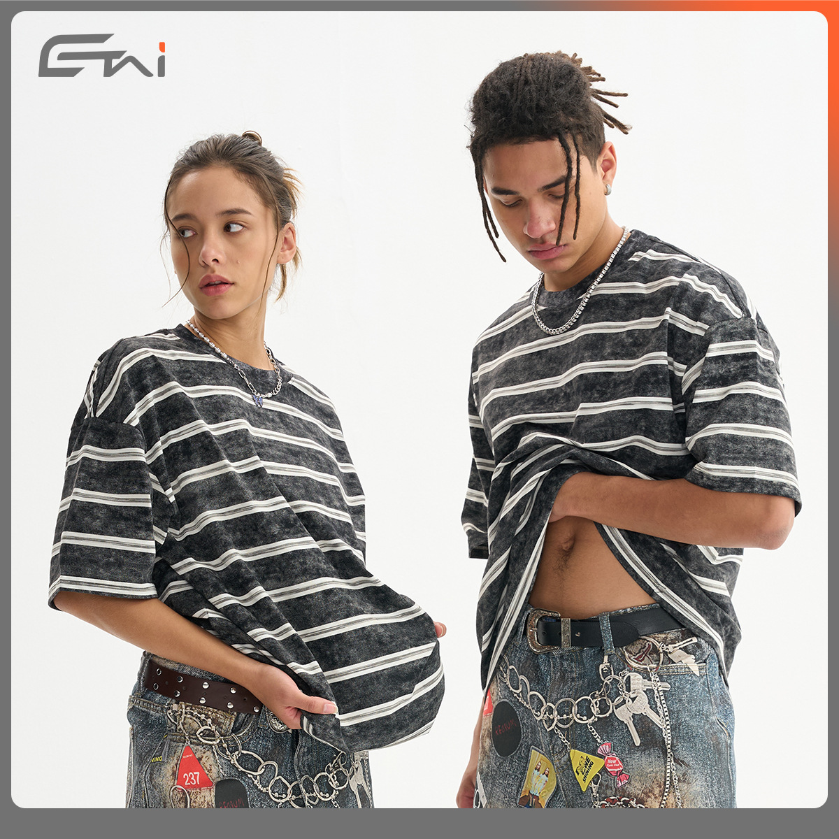 ETAI men's fashion brand summer short-sleeved retro striped T-shirt, short and loose style, casual and versatile details Picture