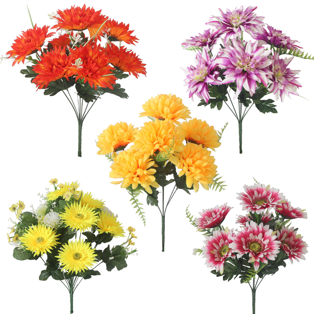 外贸仿真花出口欧式定制扇形大把束仿真花仿真菊花绢布假花批发